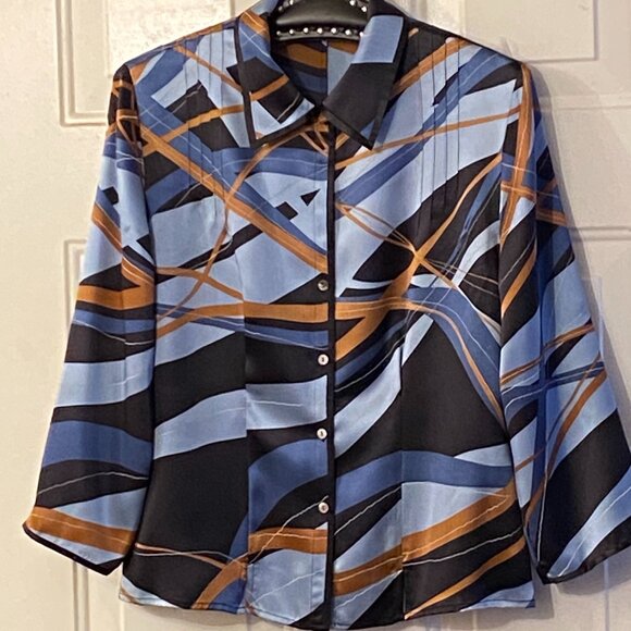 NWT i.e. Womens 100% Silk Blouse Shirt Sz 8 (M) 3/4 Sleeve Blue/Brown Abstract - Picture 1 of 11